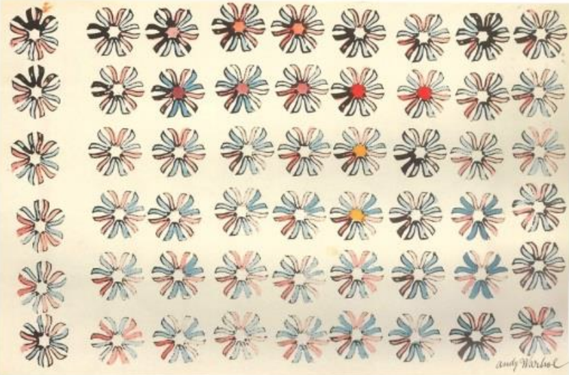 Viele kleine stilisierte Blütenkreise in Reihen, pastellfarbenes Muster auf hellem Papier